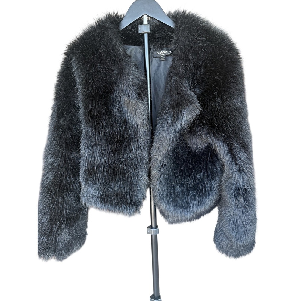 Y2K Black Faux Fur Cropped Coat Size M Mob Wife Coat Glam Party Statement Winter
